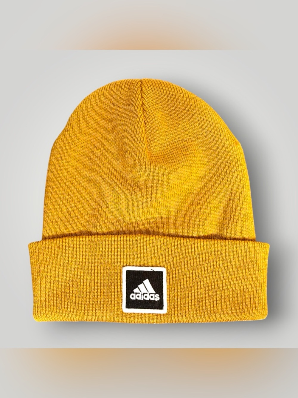 Adidas Knit Beanie Adult Unisex One Size Mustard Hat Black & White Square Logo